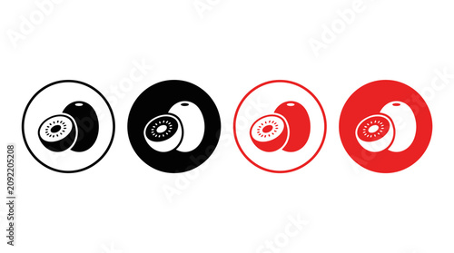 Kiwi Fruit Icons Set in Black and Red Minimalist Vector Style