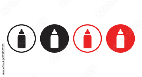 Condiment Bottle Icon Set in Black and Red Circle Styles