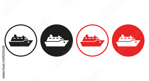 Cruise Ship Icon Set in Black and Red Circle Buttons