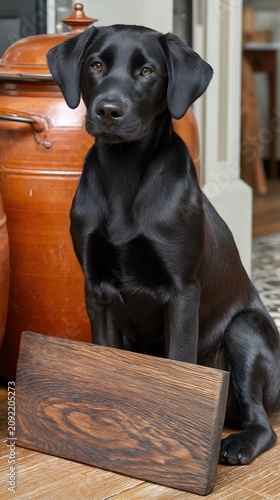 A black dog is sitting behind a wooden sign.
