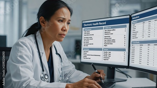 Focused female doctor reviewing electronic health records on dual monitors in a modern medical office environment