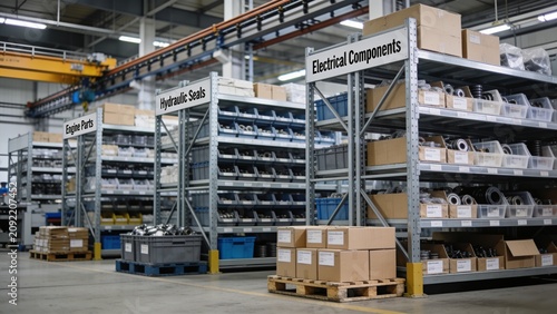 Factory warehouse storing organized spare parts for efficient industrial maintenance and distribution operations.
