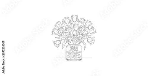 Schilderij op canvas Minimal Line Art Tulips in Glass Vase Vector Illustration