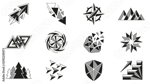 Принти на полотні Assorted geometric icons with arrows mountains and shield.