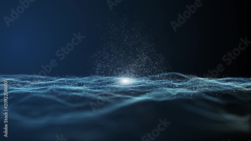 Abstract futuristic digital landscape grid with glowing blue particles rising from wave data terrain.
