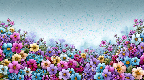 Colorful flower garden with pink, purple, blue, and yellow blossoms blooming vibrantly under soft blue sky, creating cheerful and lively scene