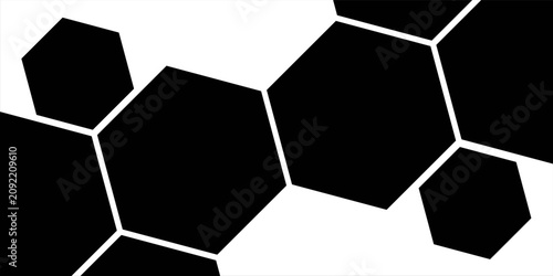 Black hexagon photo collage template. Honeycomb layout design element, blank frames for photo collection, overlay, montage, clipping, layer mask. Vector illustration.