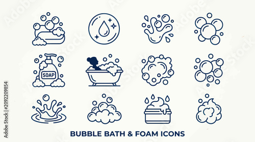 Fotografie Bubble Bath and Foam Icons: Soap, Water Drops, Splashes, Bathtub, Bubbles