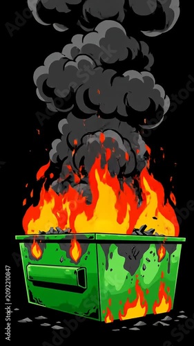 Burning dumpster with thick black smoke.