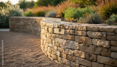 Curved natural stone retaining wall in a modern landscape garden design featuring xeriscape plants and gravel path