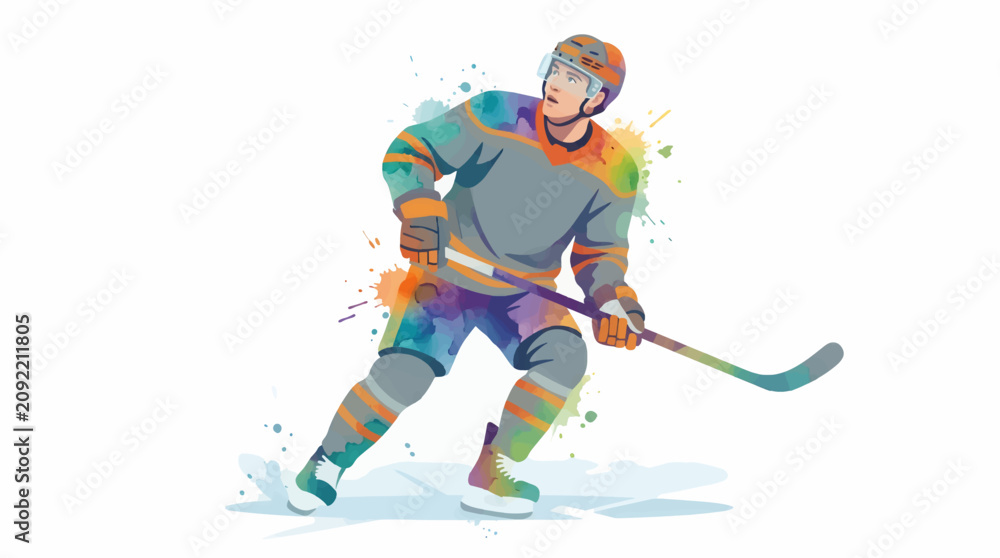 Fototapeta premium Dynamic Hockey Player in Action, Watercolor Splatter Style, Wearing Gray and Orange Uniform, Holding Stick, Skating on Ice with Water Splash Effects, White Background, Vector Illustration