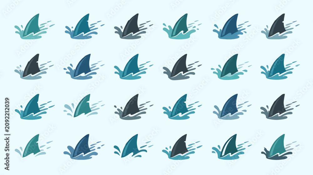 Fototapeta premium Flat Design Shark Fin Icons Emerging from Water Splashes, Collection of Vector Illustrations in Teal, Blue, and Gray Tones, Minimalist Marine Danger Symbols