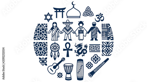 Diverse Cultures Unity Concept: People Holding Hands Amidst Global Symbols