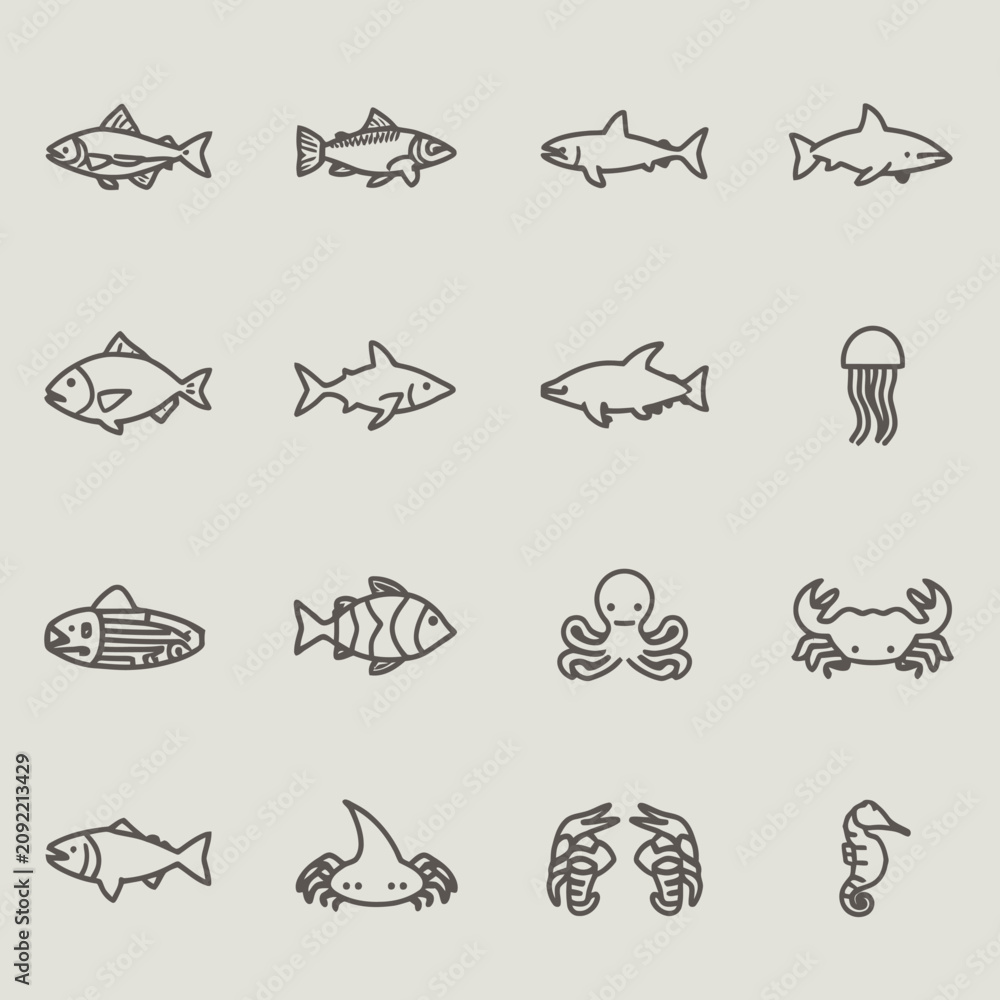 Obraz premium Marine life icons featuring various fish sharks crabs and octopus in a minimalist line art style.