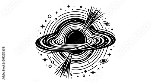 Stylized Black Hole Illustration with Jets and Galaxies.