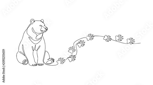 Quadro su tela One Line Drawing of a Sitting Bear and Paw Prints Trail