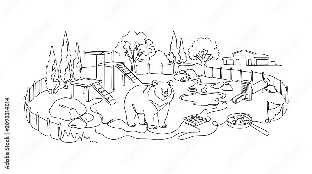 Naklejka premium Bear Habitat Illustration, Zoo Enclosure with Play Structure, Rocks, and Naturalistic Elements