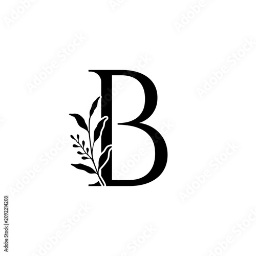 Elegant botanical monogram letter B with decorative floral leaves. Black serif alphabet vector isolated on white background for logos, branding, wedding invitations and wedding stationery