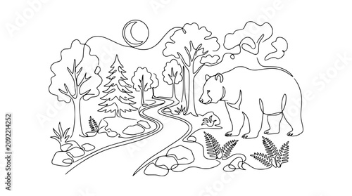 Foto Bear walking on forest path, single line art, moon and trees, nature landscape