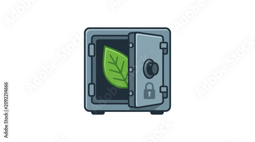 A stylized illustration of an open metal safe containing a single green leaf.