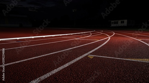 A dimly lit outdoor running track at night with curved white lane markings on a red surface.