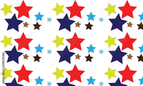 A repeating seamless pattern of colorful stars on a solid white background