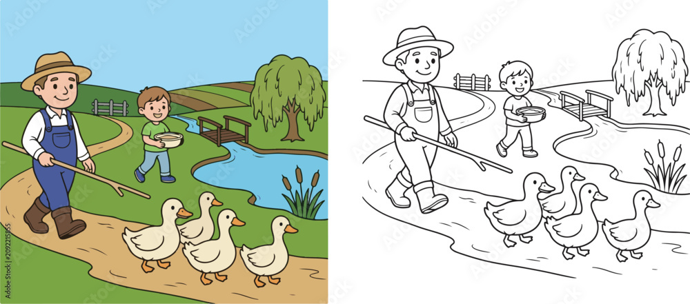 Fototapeta premium farmer guiding friendly ducks to a peaceful farm pond cartoon clipart and lineart print vector illustration for school educational color coloring book