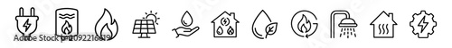 Line icons set for renewable energy and utilities including electricity plug, gas boiler, flame, solar panel, water conservation, energy efficient house, eco drop, fire recycle