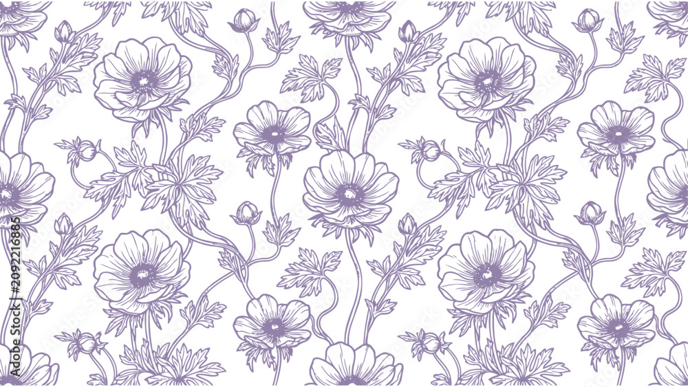 Obraz premium Seamless pattern with hand drawn purple flowers and leaves on a white background