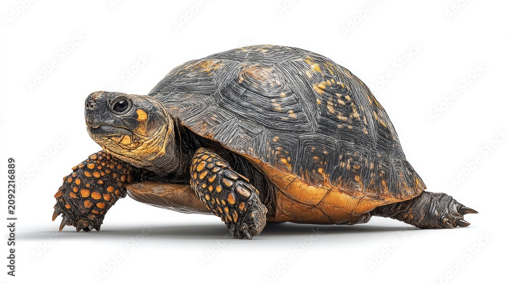 Obraz premium Small dark tortoise isolated on white background.