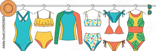 Photography Summer beachwear and swimwear collection hanging on rack flat vector illustratio