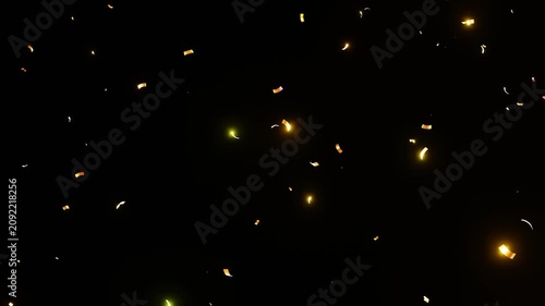 bright golden confetti falling 4k, realistic sparkling ribbons and pieces animation, celebration overlay on black screen, soft motion with light glow, alpha channel seamless loop