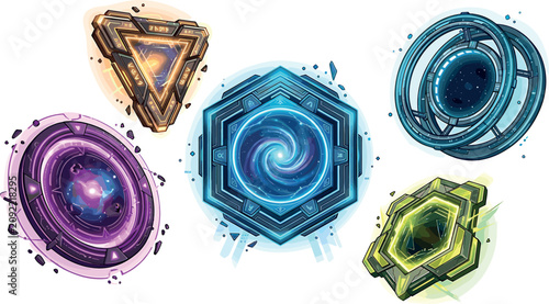 Sci-fi cosmic portal frames vector set featuring futuristic glowing tech wormholes starry space vortex and alien geometric gateways,