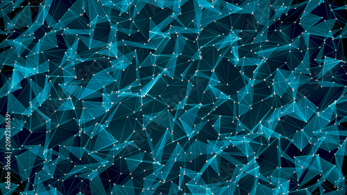 Abstract futuristic digital network background featuring glowing nodes, polygon mesh and connected lines. Ideal for AI technology, blockchain, cloud computing, scientific research and cybersecurity.
