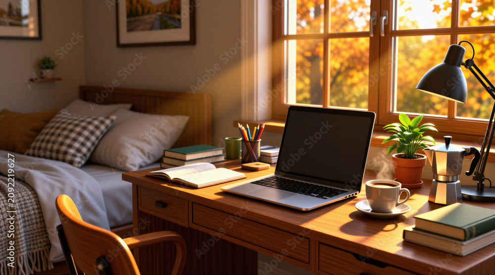 Fototapeta premium Cozy bedroom workspace with laptop, books, and coffee by sunlit window. Autumn trees outside create warm ambiance. Perfect for remote work study or relaxation at home.