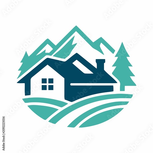Minimalist mountain cabin logo icon with forest and peaks mountain landscape outdoors adventure wilderness vacation minimalist illustration building architecture environment exploration