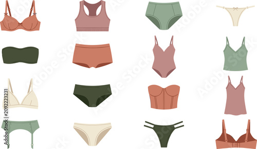 Fotografie Female underwear lingerie and sleepwear vector illustration set