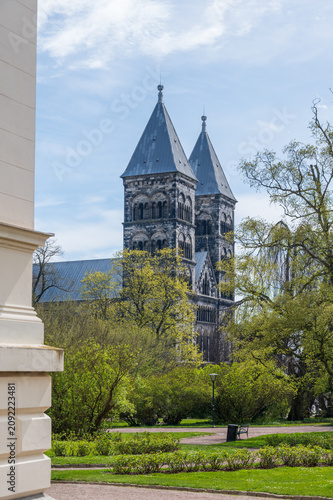 Lund cathedral towers seen from lundagård park in spring