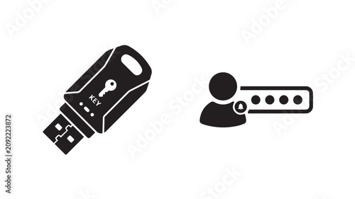 USB security key and user password icons symbolize digital identity protection and personal data safety.