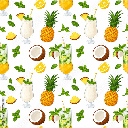 Seamless pattern of tropical drinks and fruits