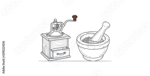 Vintage Coffee Grinder and Mortar Pestle Line Art Vector