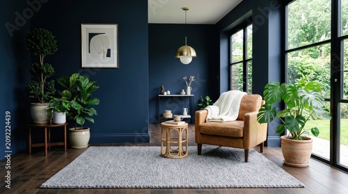 Comfortable tan leather armchair sitting on a soft grey rug inside a modern dark navy room