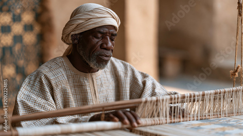 Ghanaian master kente weaver working at traditional strip-loom in outdoor workshop as narrow woven band emerges between tensioned warp threads and afternoon equatorial sun casts