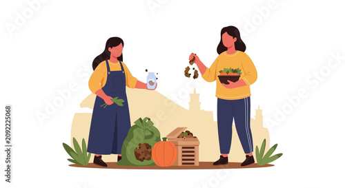 Sustainable Composting: Women recycling kitchen waste into fertilizer for garden