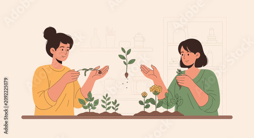 Two people planting and nurturing small plants and seedlings, growth, gardening concept