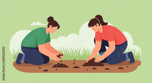 Two women planting seeds in garden, community gardening, sustainable living, healthy lifestyle