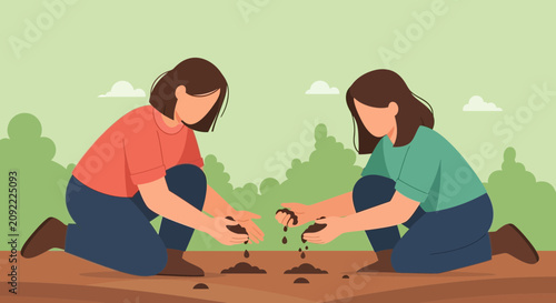 Two women planting seeds in garden for sustainable agriculture and growth