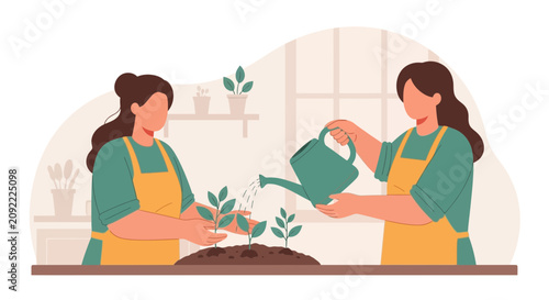 Two people watering small plants, gardening concept, illustration.