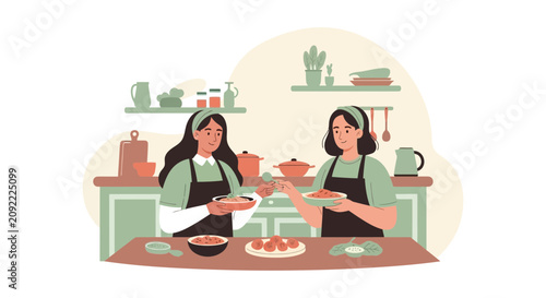 Two women in an apron cooking together in a kitchen, preparing food