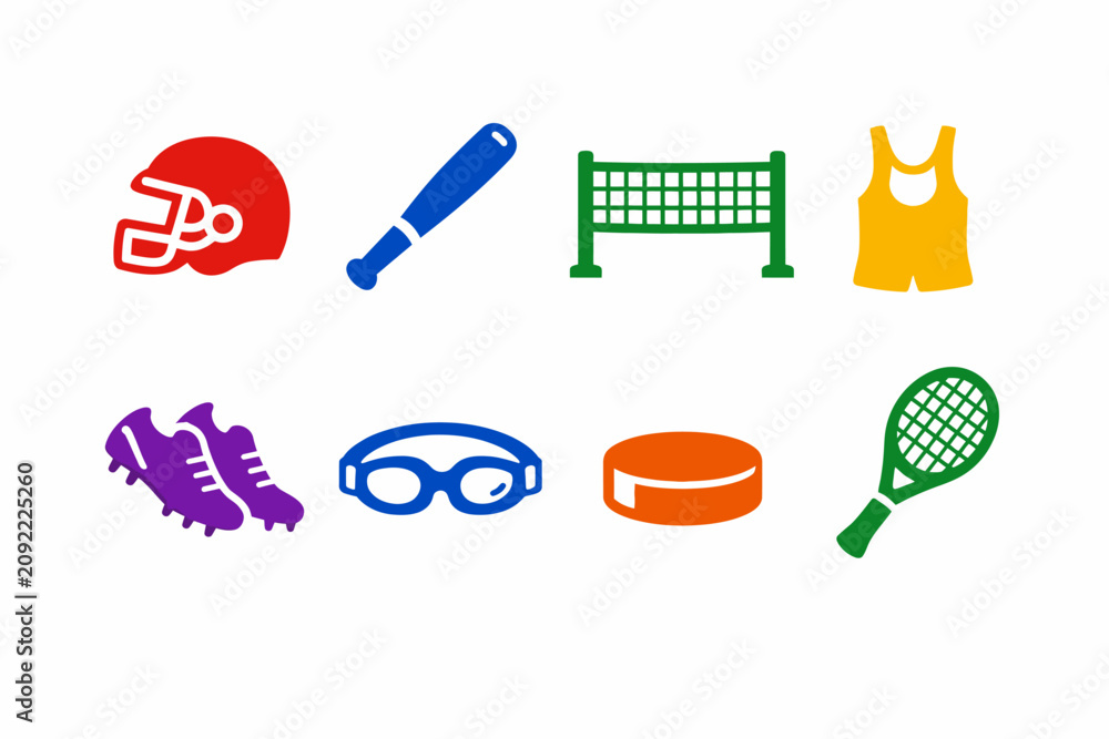 Fototapeta premium Colorful sports equipment icons set, flat vector athletic gear collection, professional competition and fitness symbols for web and print design